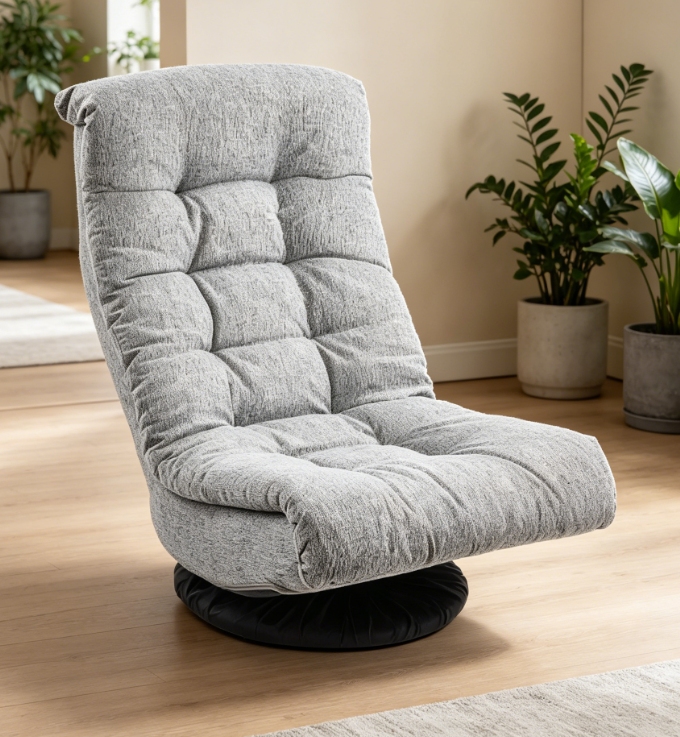 Swivel foam lounge chair, with headrest, adjustable, gray.