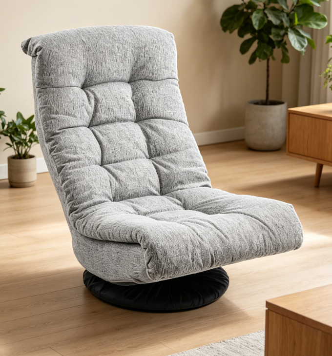 Swivel foam lounge chair, with headrest, adjustable, gray.