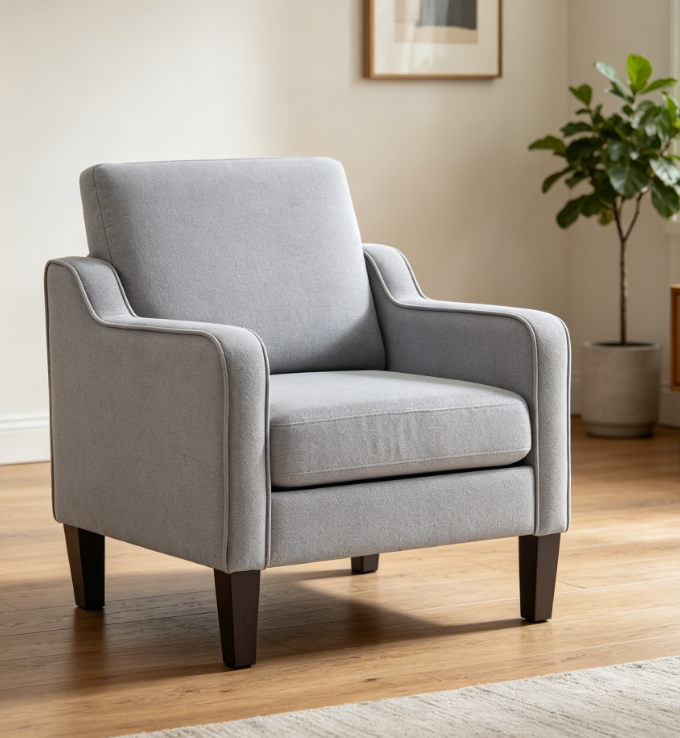 Medieval modern style decorative chair, light gray fabric chair, suitable for living room, padded armchair with curved armrests, suitable for bedroom, apartment, studio, office, waiting room.