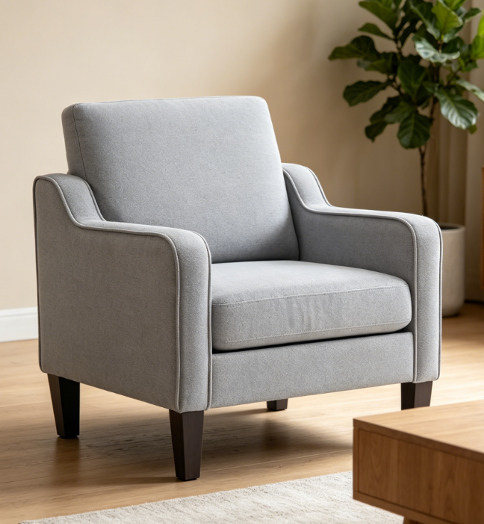 Medieval modern style decorative chair, light gray fabric chair, suitable for living room, padded armchair with curved armrests, suitable for bedroom, apartment, studio, office, waiting room.