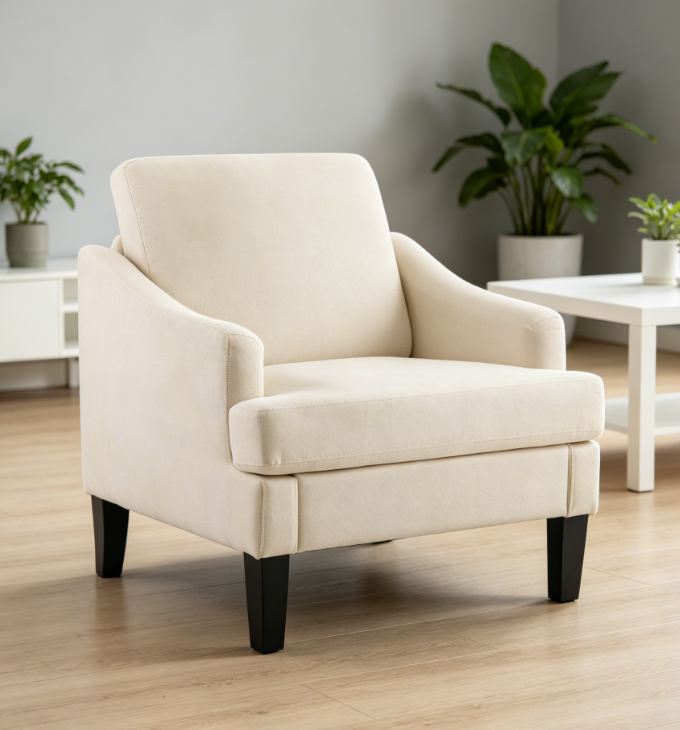 Modern style upholstered armchair with solid wood legs, medieval casual single sofa chair, comfortable reading chair, suitable for living room, bedroom, home, office, beige
