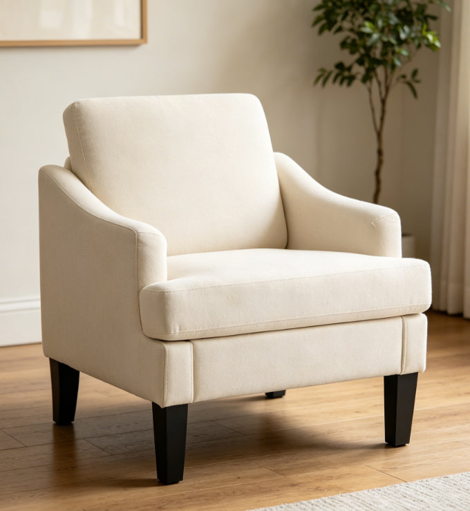 Modern style upholstered armchair with solid wood legs, medieval casual single sofa chair, comfortable reading chair, suitable for living room, bedroom, home, office, beige