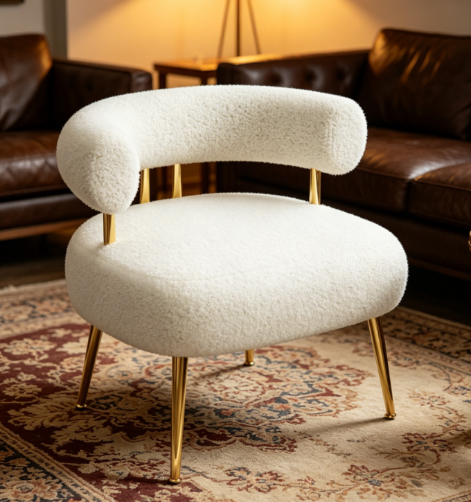 Medieval wool terry upholstered chair, round upholstered bucket armchair, suitable for small spaces, fluffy corner sofa chair, suitable for living room, bedroom, dressing table, office, reading corner (cream white)