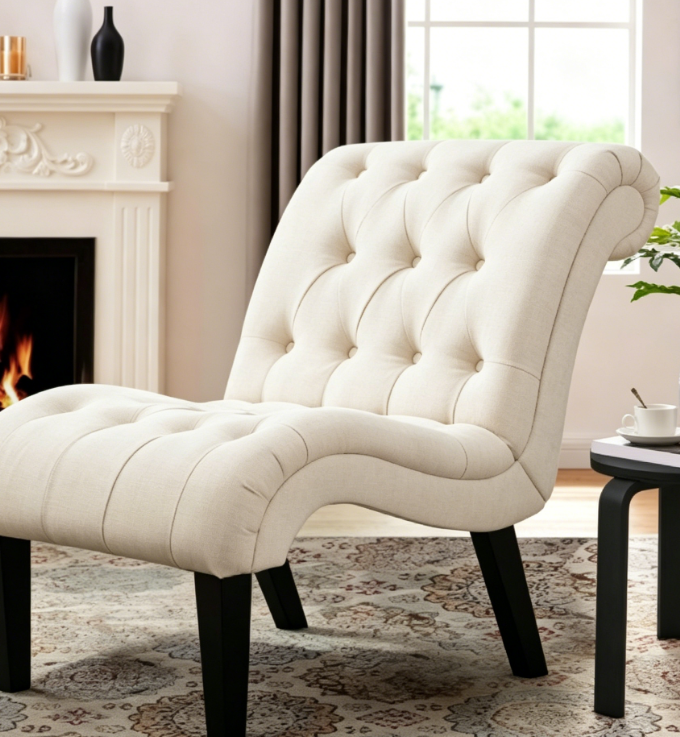 Yongqiang style upholstered chair, suitable for bedroom, living room, tufted upholstered casual chair, wooden legs, linen fabric