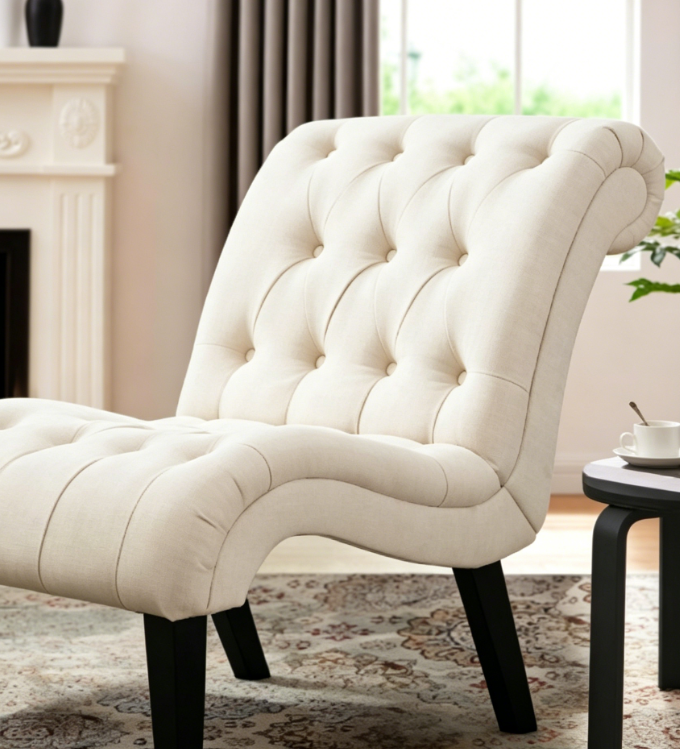 Yongqiang style upholstered chair, suitable for bedroom, living room, tufted upholstered casual chair, wooden legs, linen fabric